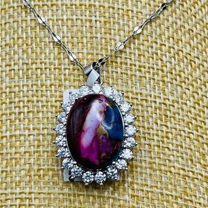 Huge Mohave Oyster Turquoise Cabachon gemstone and White Topaz Pendant Necklace